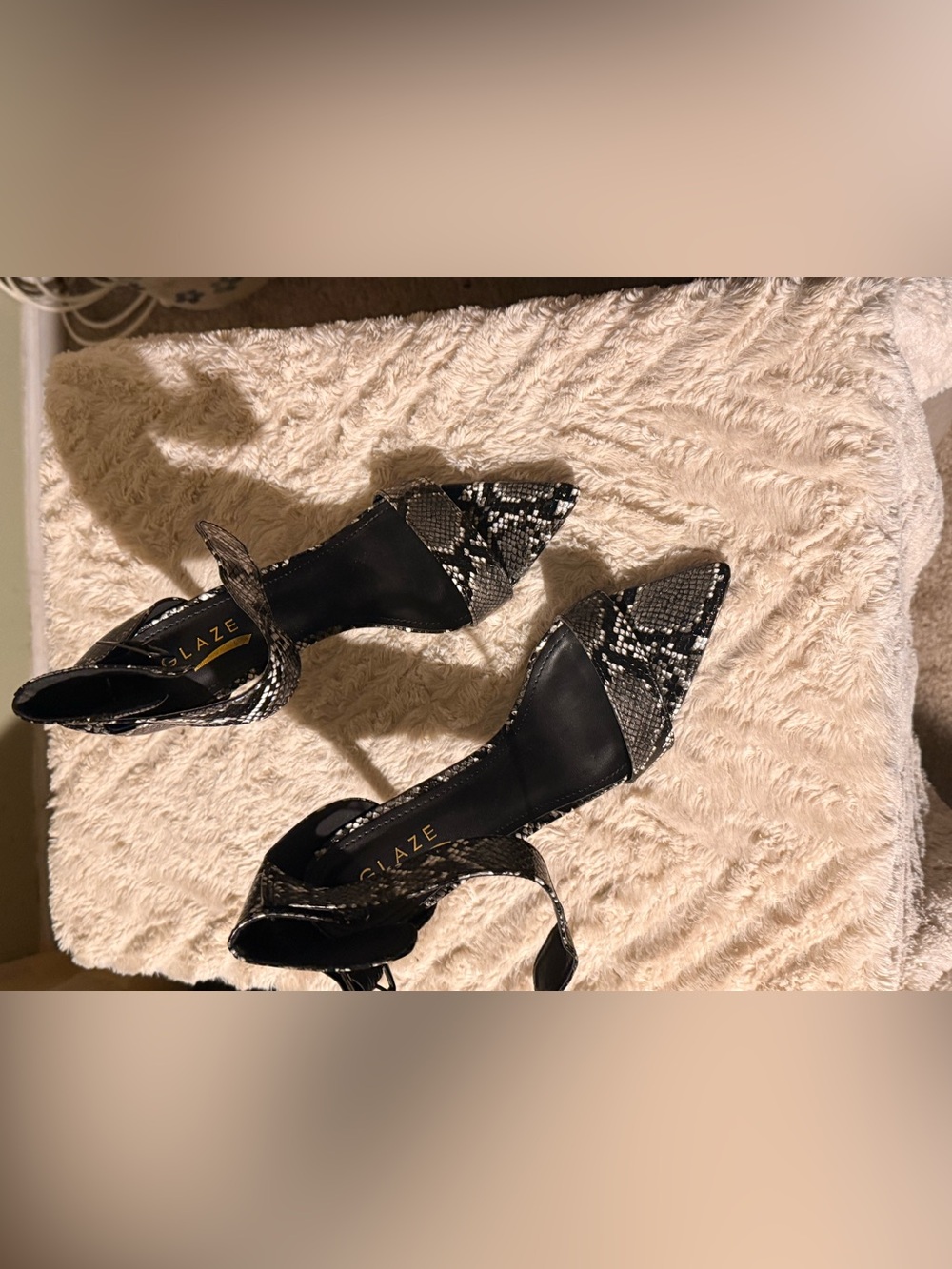 Glaze Black and White Snake-Print Pointed Ankle-Strap Heels